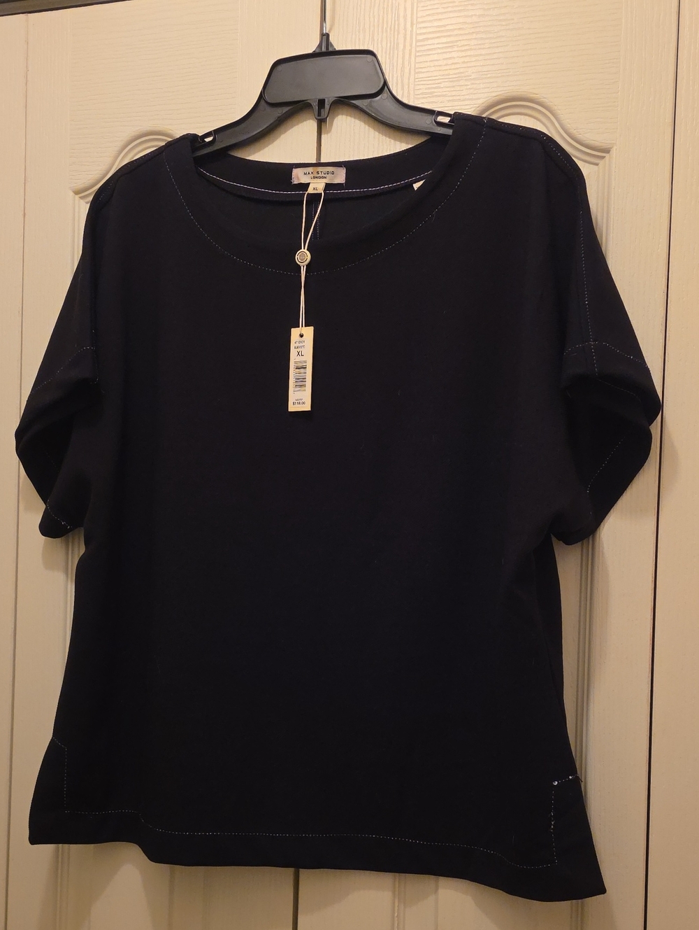Max Studio Short-Sleeve Crew Neck Top with Contrast Stitching